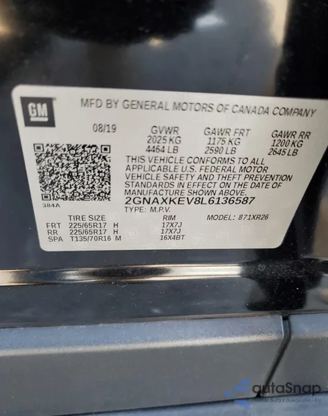 2020 Chevrolet Equinox Lt z USA, uszkodzony, nr VIN 2GNAXKEV8L6136587